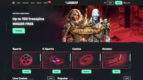 L'accueil de Casinozer avec Dystopia : Rebel Road et les rubriques Sports, E-Sports, Casino et Aviator