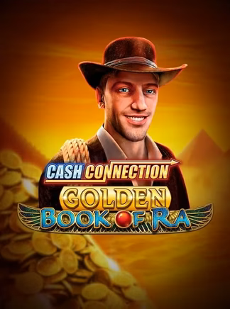Cash Connection Golden Book of Ra met en scène un aventurier au chapeau devant un tas de pièces d'or